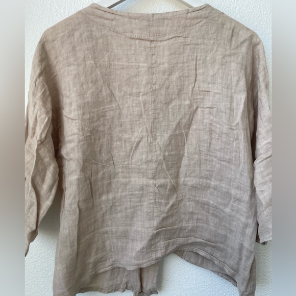 LANDS DOWNUNDER Italian Linen Tan Asymmetrical Button Pocket Boxy Boho Top Small - Picture 5 of 8